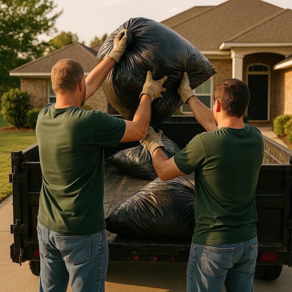 Crew loading yard debris into a dump trailer