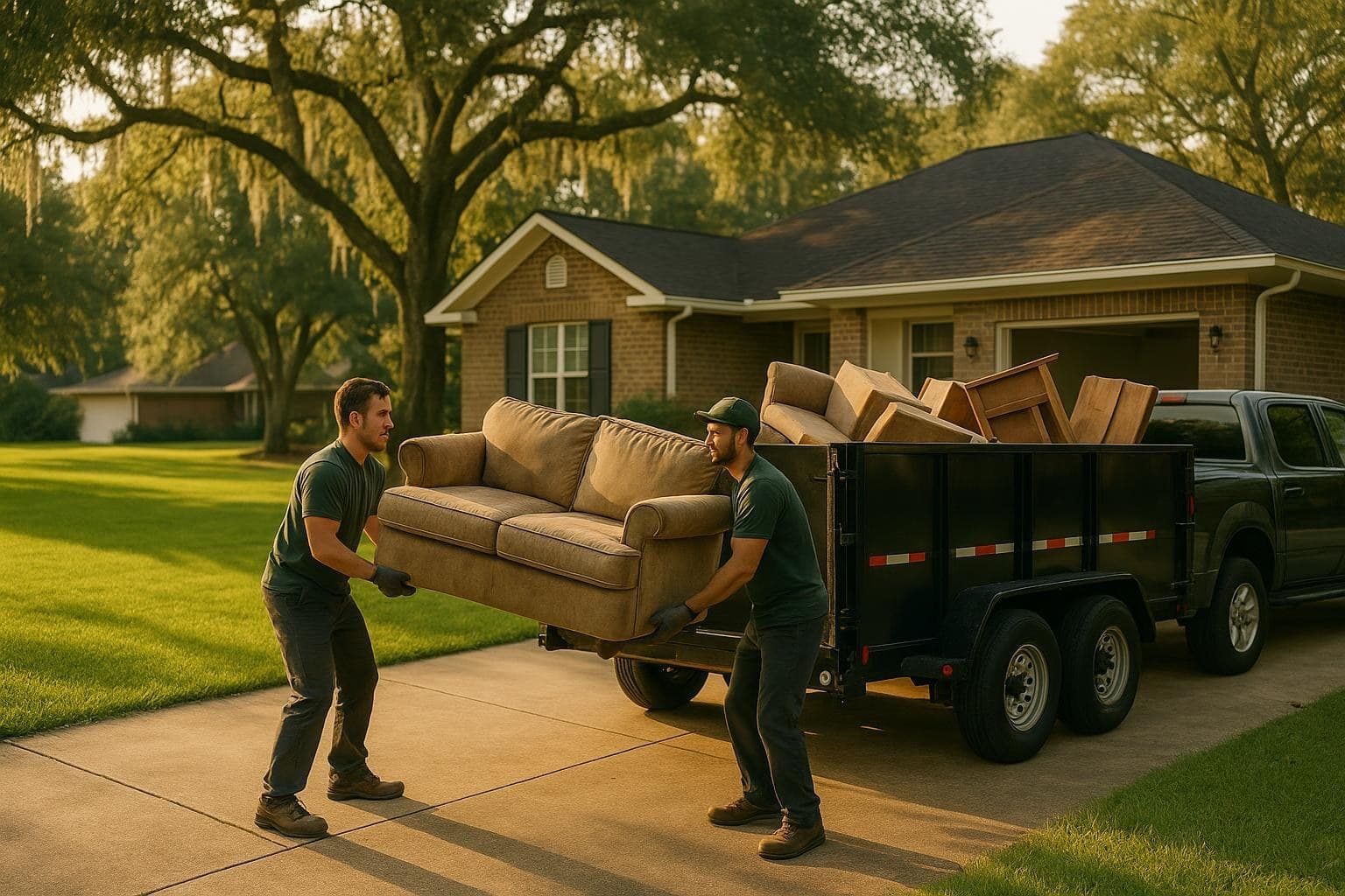Junk removal crew loading furniture into a dump trailer in a residential driveway