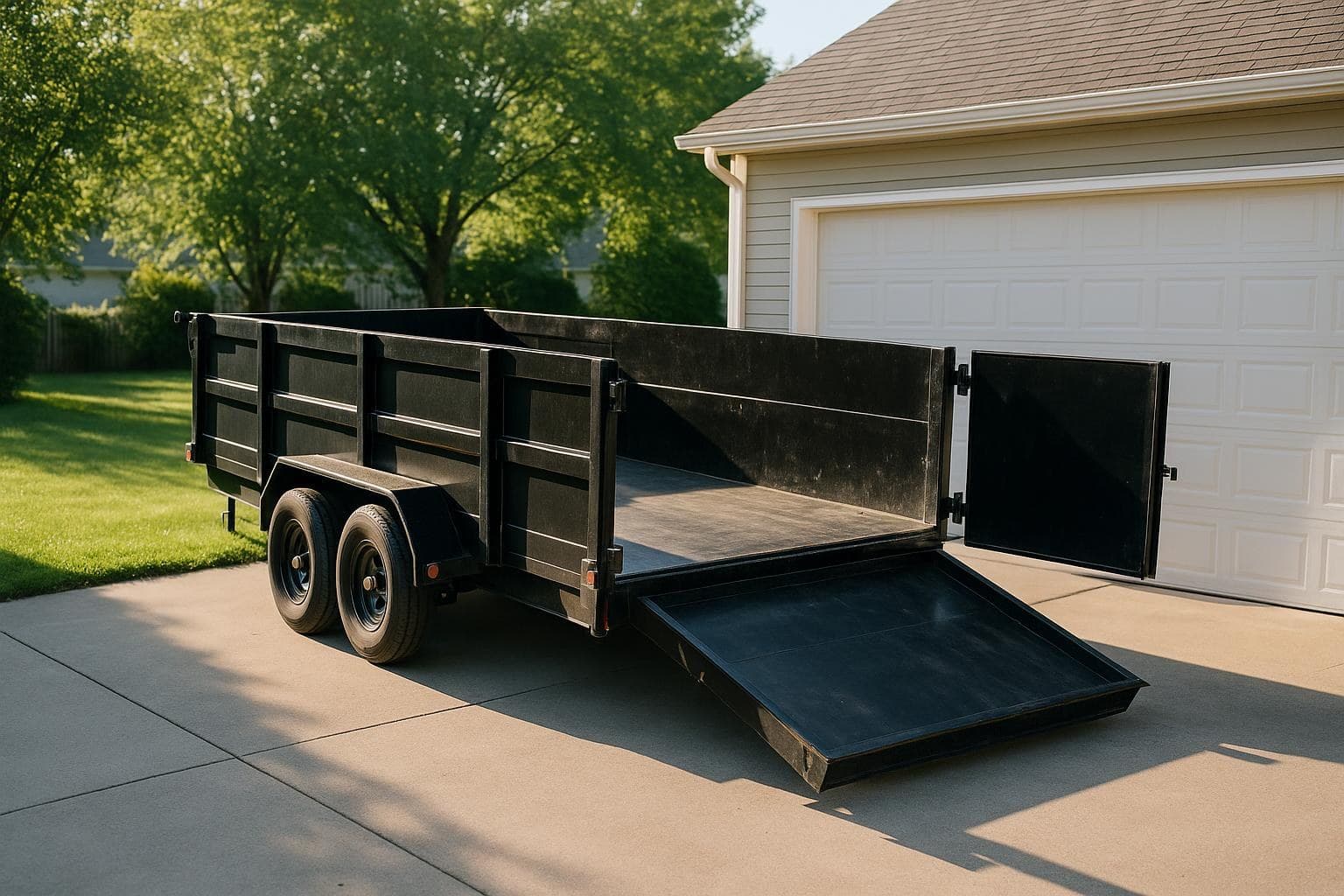 Dump trailer staged in a driveway for a rental project
